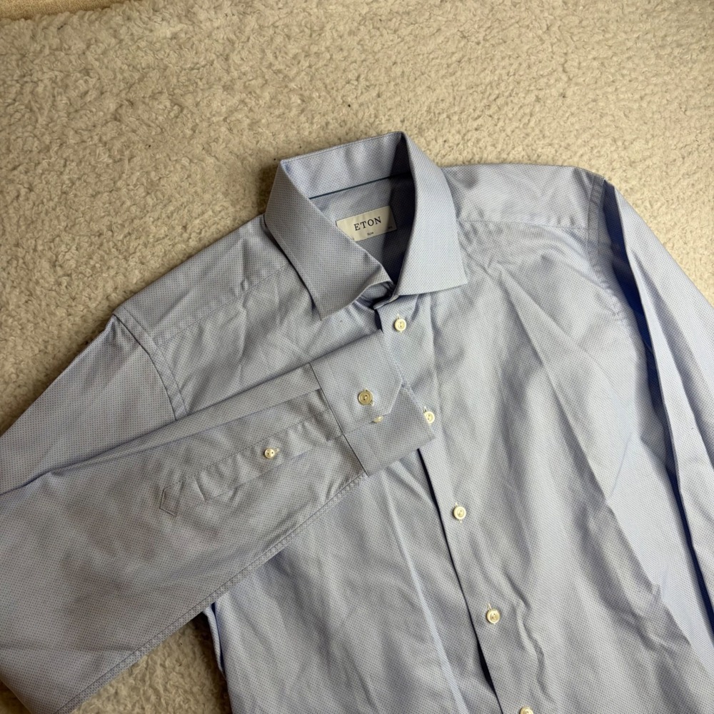 Eton Slim Fit Dress Shirt Blue Micro Pattern Mes 16.5 42 Long Sleeve Button Down